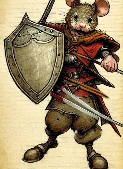 Image similar to a heroic mouse knight with sword and shield on a parchment background, redwall, jean baptiste monge, detailed, epic fantasy concept art