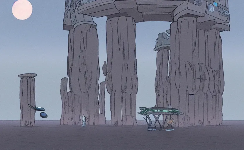 Image similar to a realistic cell - shaded studio ghibli concept art from paprika ( 2 0 0 6 ) of a flying intelligent dull grey mechanical octopus from close encounters of the third kind ( 1 9 7 7 ) in a flooded monument valley stonehenge. very dull colors, wide shot, hd, 4 k, hq