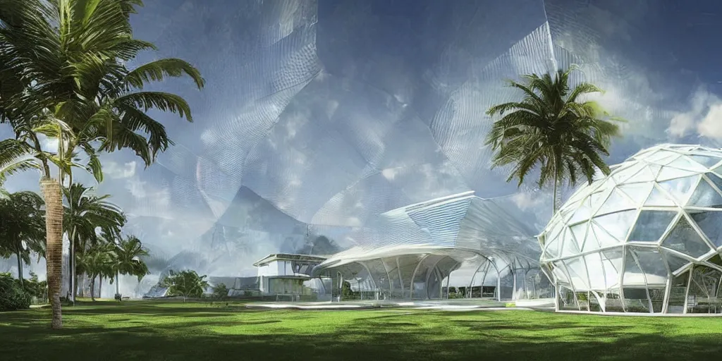 Image similar to futuristic translucent iridescent mosque exterior, hive power architecture, lush lawn, palm trees, by Buckminster Fuller and photo by denis villeneuve , inspired by Mining by Risa lin on art station