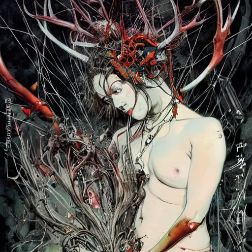 Image similar to tecno pagan god, wires antlers cybernetic implants, machine noir grimcore, in the style of adrian ghenie esao andrews jenny saville surrealism dark art by james jean takato yamamoto and by ashley wood