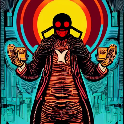 Image similar to Illustrated by Shepard Fairey and H.R. Geiger | Cyberpunk Clown Vampire with VR helmet, surrounded by cables