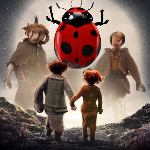 Image similar to promotional movie still, ladybugs, ladybug hybrids, ladybug hobbits, ladybug robots, space western, the fellowship of the ring ( film ), 3 d render