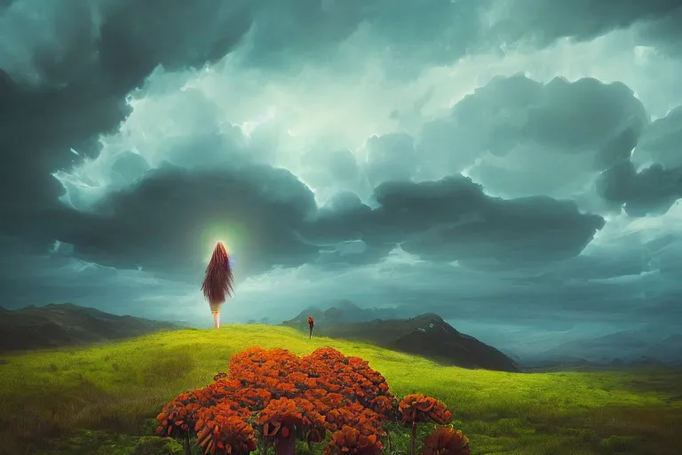 Image similar to giant dahlia flower crown under head, girl walking on mountain, surreal photography, blue storm clouds, dramatic light, impressionist painting, digital painting, artstation, simon stalenhag