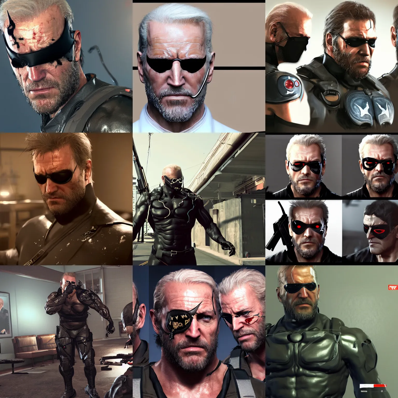 Prompt: MGSV Punished Venom Joe Biden (wearing black eye patch with black spike above right eye) in a nursing home, Unreal Engine, trending ArtStation