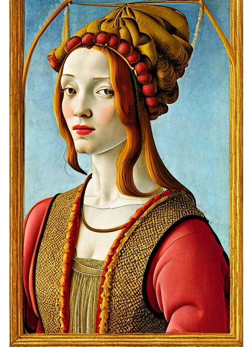 Image similar to portrait of young woman in renaissance dress and renaissance headdress, art by sandro botticelli