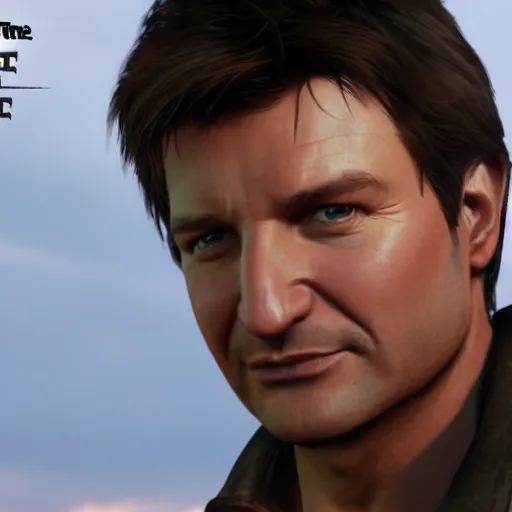 Image similar to nathan fillion as nathan drake from uncharted, photorealistic, unreal engine, cinematic lightning
