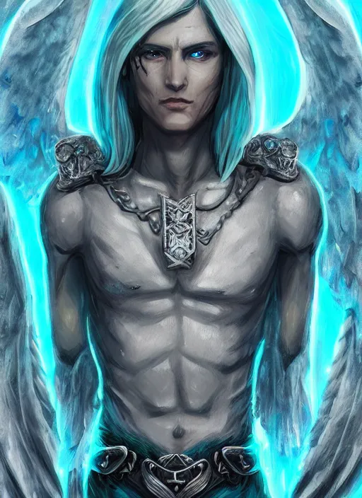 Prompt: An epic fantastic realism comic book style portrait painting of aasimar hexblade warlock, teal electricity, male, grand angel wings, silver hair, short beard, 4k, 8k, Apex Legends Concept Art, D&D Concept Art, unreal 5, DAZ, hyperrealistic, octane render, cosplay, RPG portrait, dynamic lighting