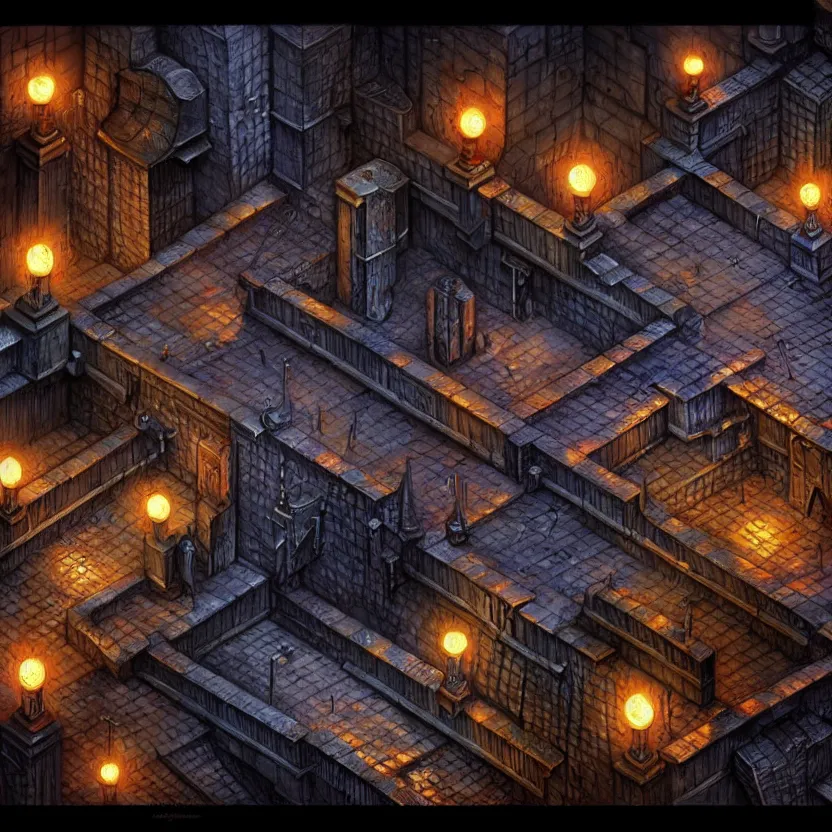 Image similar to closeup on the isometric game area of a dark city from baldur's gate, game art, intricate details, ultra realistic, by art germ, by gerald brom, fantasypunk, amazing d & d art, trending cgsociety, artstation, sharp