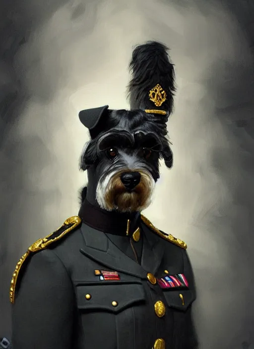 Image similar to portrait of stoic looking miniature schnauzer, military uniform, black fir, white eyebrows, fantasy, intricate, elegant, highly detailed, centered, dark, smokey, digital painting, artstation, concept art, smooth, sharp focus, illustration, art by artgerm and greg rutkowski and alphonse mucha