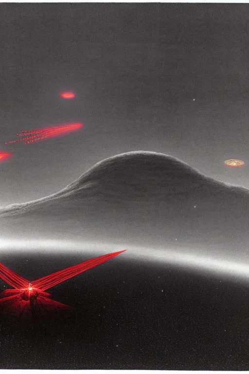 Image similar to emissary mountain space by arthur haas and bruce pennington and john schoenherr, cinematic matte painting, red lasers, photo realism, dark monochrome color palate, rule of thirds