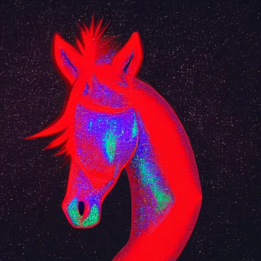 Prompt: photograph of a confused horse turning its head. A red, holographic exclamation mark is floating above the horses head.