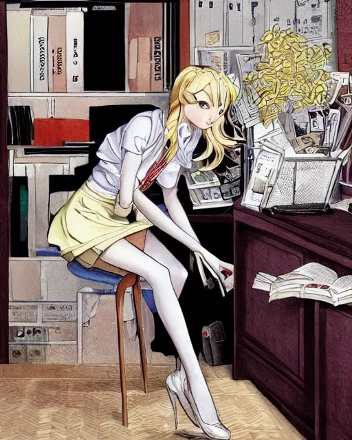 Image similar to illustration depicting a wealthy young mischievous female prep school student with medium length bright blonde hair and pale skin, in an old study room smoking her dad's cigarettes, complex artistic style, color ink pen illustration, subtle detailing, illustrated by Artgerm and Range Murata.