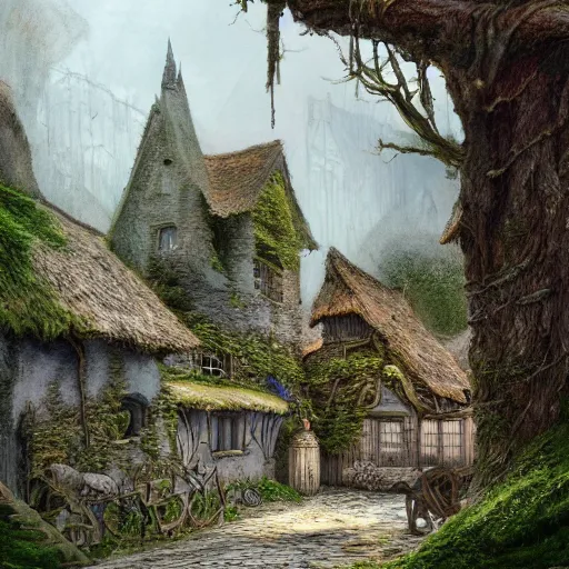 Prompt: a small fantasy village on the edge of the woods, by alan lee, lord of the rings, smooth, detailed terrain, oil painting, matte painting, concept art, trending on artstation