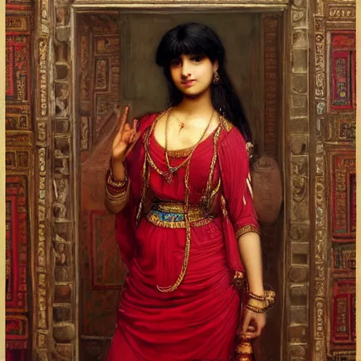 Image similar to orientalist portrait of an indian woman with bangs wearing a red dress selling tapestries in a busy marketplace intricate artwork by Fabio Fabbi and john william waterhouse and Edwin Longsden Long and Nasreddine Dinet and Theodore Ralli trending on artstation, very coherent symmetrical artwork high detail 8k