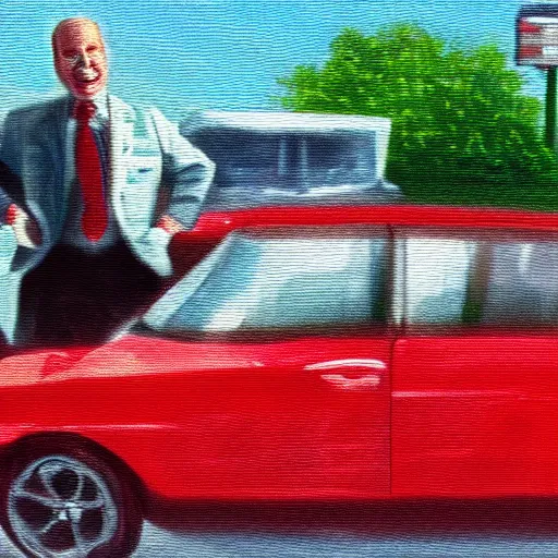 Image similar to used car salesman surreal oil painting, chromatic aberration, horror