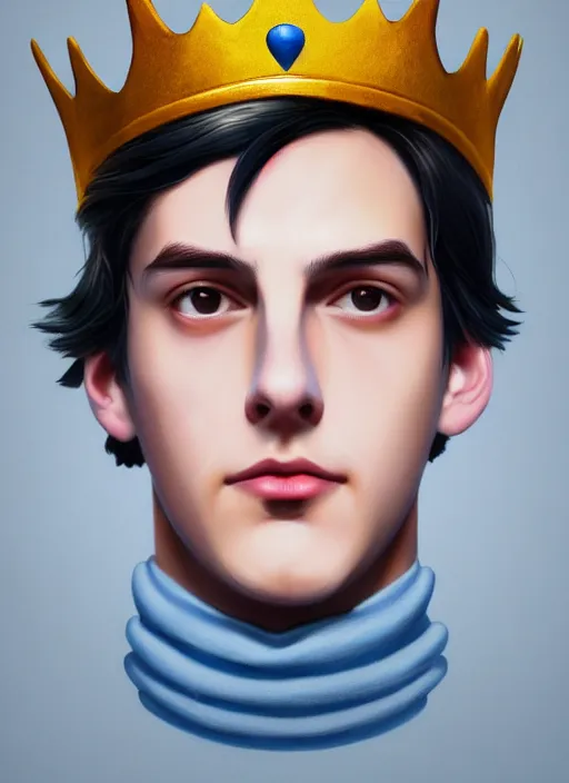 Image similar to portrait of teenage jughead jones wearing a light grey crown, crown, blue turtleneck, 1 9 5 0 s, closed eyes, photorealistic, black hair, glowing lighting, intricate, elegant, glowing lights, highly detailed, digital painting, artstation, concept art, smooth, sharp focus, illustration, art by wlop, mars ravelo and greg rutkowski