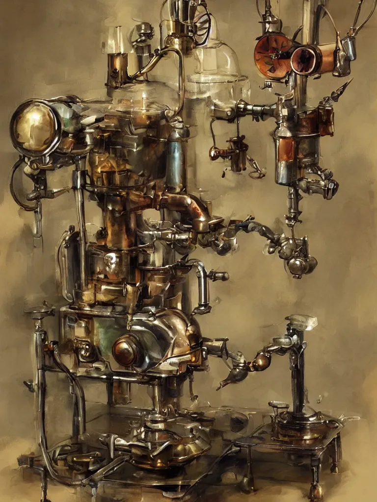 Image similar to old mechanical coffee machine, by Simon Stalenhaag, by Yoshita Amano, by Esao Andrews, sharp focus, fresh colors, deviantart, conceptart