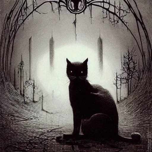Image similar to cat in Bloodborne Style by zdzisław beksiński