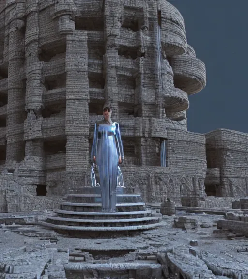 Image similar to tarkovsky greatest scene, the ancient destroyed majestic tower of babylon, a woman near the camera in futuristic cyber clothing, transparent puffer jacket, hyper realistic, blockchain, virtual self, ambient lighting, concept art, intricate, hyper - detailed, smooth, dynamic volumetric lighting, unreal engine 5, ray trace, cinematic, high quality, high resolution, 4 k, cgsociety