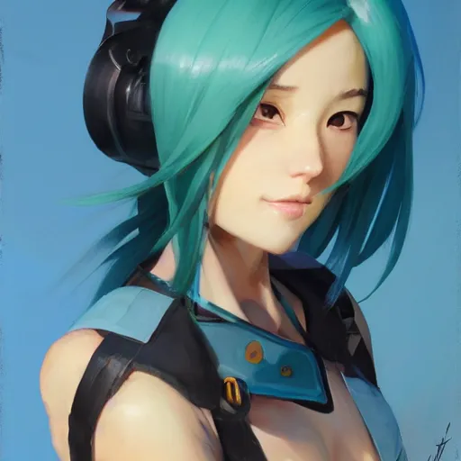 Image similar to greg manchess portrait painting of asada shino sinon as overwatch character, turquoise hair, medium shot, asymmetrical, profile picture, organic painting, sunny day, matte painting, bold shapes, hard edges, street art, trending on artstation, by huang guangjian and gil elvgren and sachin teng