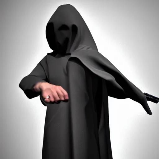 Image similar to a figure shrouded in a cloak, one hand comes out holding a handgun, 4 k, photorealistic