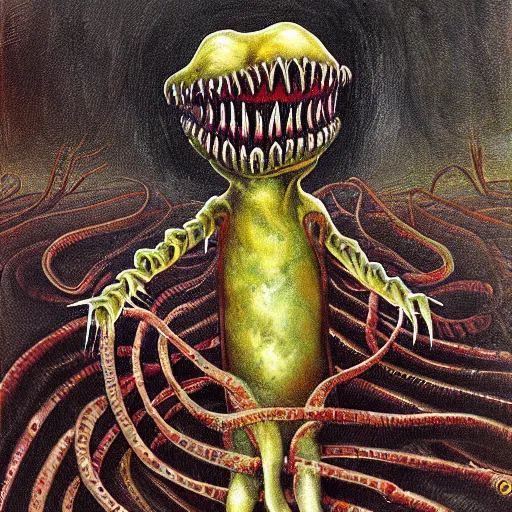 Image similar to worm that walks, writhing one, somber dark horror painting, unsettling, by gormeth ravendaz