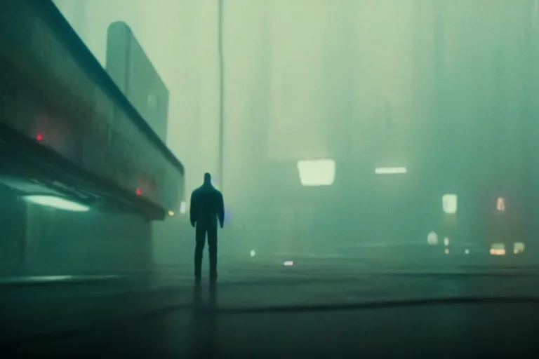 Prompt: film still of closeup alien observer of human society in blade runner 2 0 4 9, cinematic, moody, gritty neon noir by emmanuel lubezki
