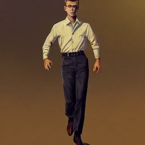 Image similar to a highly detailed epic cinematic concept art CG render digital painting artwork costume design: young James Dean as a well-kept neat perfect formal student in a 1950s USSR school uniform. By Greg Rutkowski and Ilya Kuvshinov, trending on ArtStation, made in Maya, Blender and Photoshop, octane render, excellent composition, cinematic atmosphere, dynamic dramatic cinematic lighting, aesthetic, very inspirational, arthouse