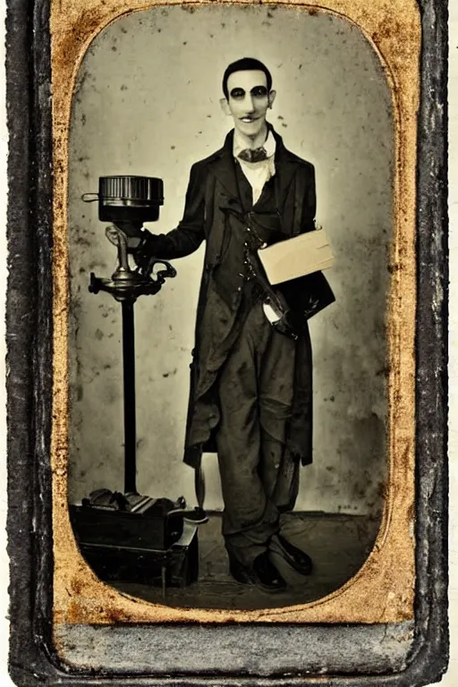 Image similar to portrait of patrick fischler as a snake oil salesman, daguerreotype, steampunk, groovy