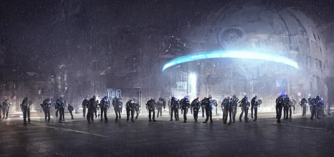 Image similar to policemen protect a huge spiral - shaped luminous object right in the center of the city from protesting crawd, night, rain and light fog, professional lighting, concept art in 3 d, high detail, professional lighting