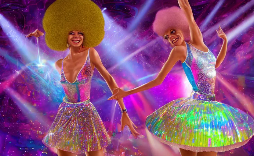 Prompt: Ultradetailed, hyperrealistic, a vintage roller skating disco queen wearing a disco ball skirt mirror tanktop with a disco ball afro in a psychedelic cosmic roller rink in the clouds, by Vladimir kush, by josib csoor, by Laurie Lipton, rendered in octane, volumetric lighting, retro color scheme, trending on artstation -20