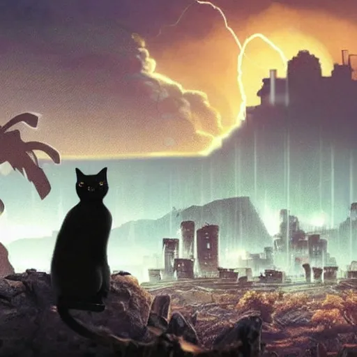 Prompt: a cat is sitting on a rock and looks at a total fallout city, while it is radioactive raining and a wild ghoul is coming nearby
