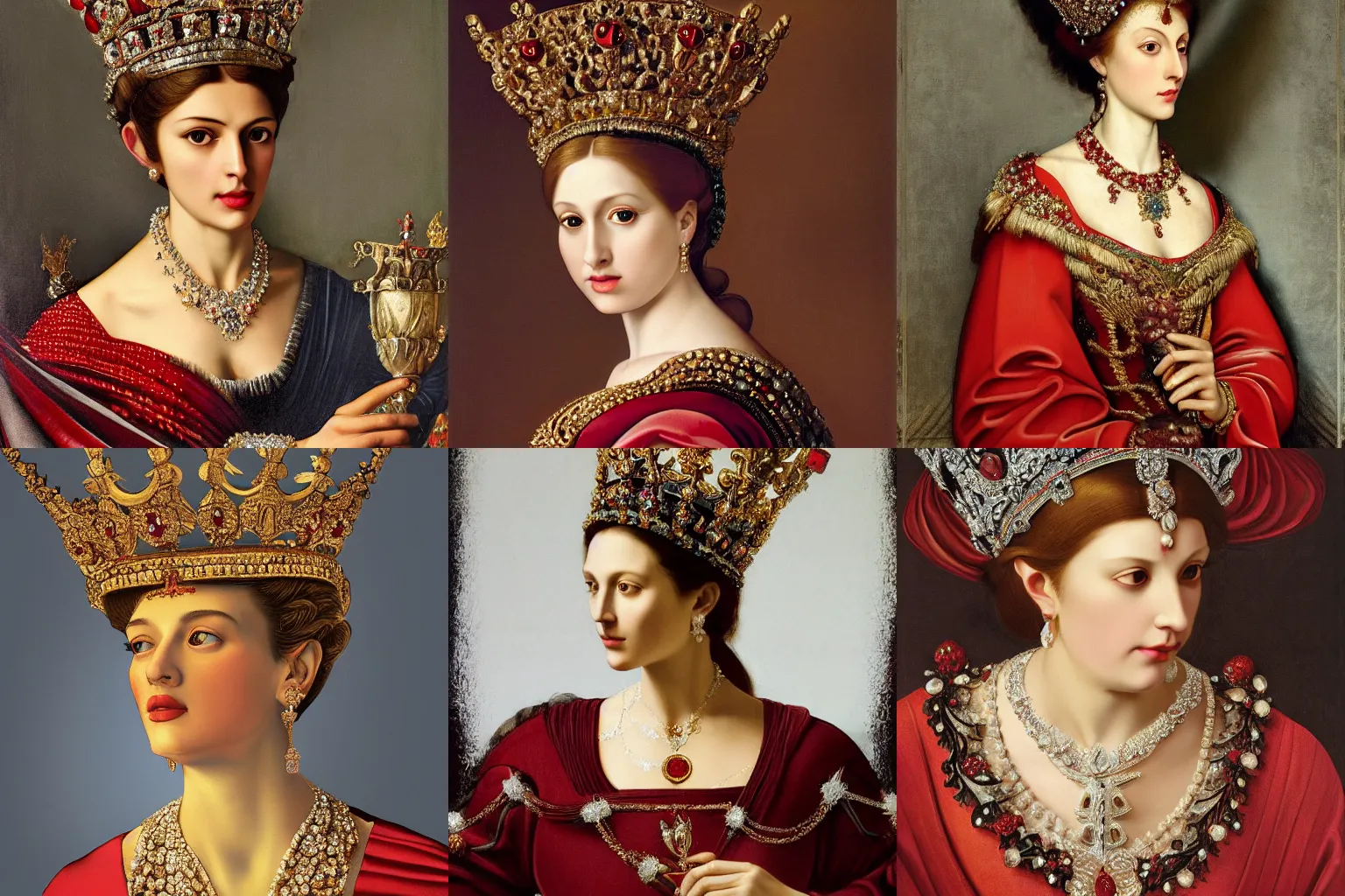 Image similar to A extremely highly detailed majestic hi-res beautiful head and shoulders painting of a beautiful woman wearing a long royal red silk dress, the crown jewels is on her head and she is holding a golden goblet and around her neck is a ornate golden necklace decorated with diamonds and rupees by Michelangelo Merisi da Caravaggio, high detail, hyperrealistic, photorealistic, octante render, cinematic, high textures, royaltly, royal, hyper sharp, 4k insanely detailed and intricate, hypermaximalist, 8k, hyper realistic, super detailed, 4k HDR hyper realistic high,