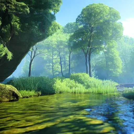 Image similar to a beautiful landscape, river, rocks, trees, volumetric lighting, octane render, nvidia raytracing demo, lush vegetation