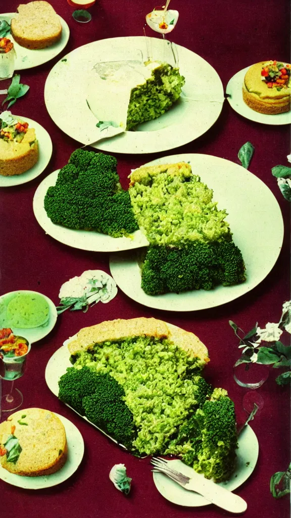 Prompt: 7 0 s food photography of a cake made out of broccoli and farts