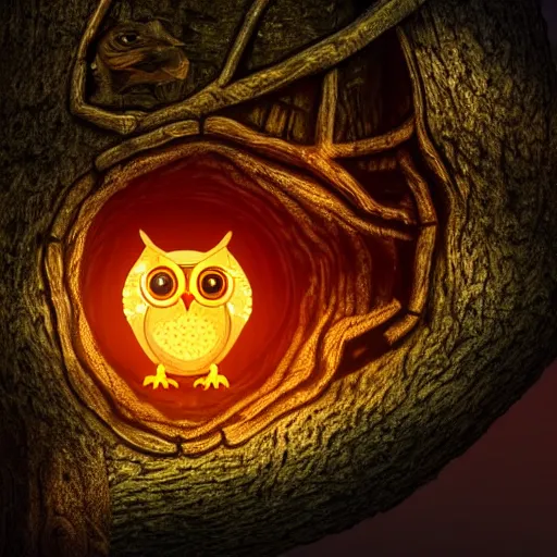 Image similar to mechanical owl inside a hole in a tree, red eyes glowing, night sky with full of stars, in the middle of forest, realistic style, futuristic, photorealistic, cinematic lighting, high key lighting, high contrast, 8 k, golden ratio, uhd, hd, shallow focus, lens 7 5 mm