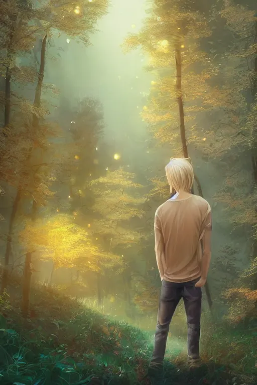 Prompt: pretty young man with long golden blond hair, hair made of gold, demure, slender, back view, lost, trees, detailed forest background, webtoon, breathtaking scenery, colourful, 8 k, graphic novel, digital art trending on artstation, volumetric lighting, octane render, cinematic, hyper detailed, magical atmosphere, magical forest