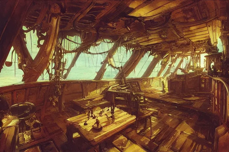 Image similar to pirate ship cabin interior, intricate, elegant, highly detailed, vivid colors, john harris, frazetta, tyrus wong, ruan jia, jeffrey catherine jones