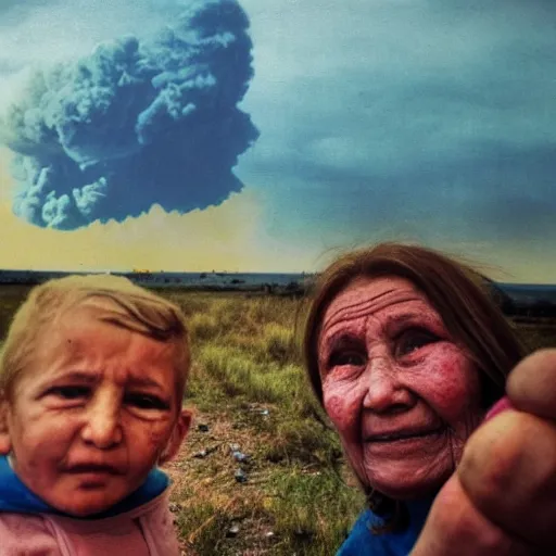 Image similar to selfie of the last surviving ukrainian with children with evil faces, wild pain and damage to the body burns alive to the bone, painted in dirty yellow - blue colors, a huge nuclear explosion is approaching in the background, a very detailed photo