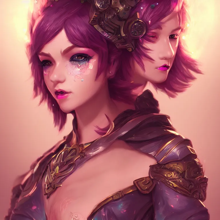 Image similar to fantasy magical fashion girl portrait, solarpunk, league of legends, short hair, fantasy, intricate, androgynous, highly detailed, digital painting, artstation, concept art, smooth, sharp focus, illustration