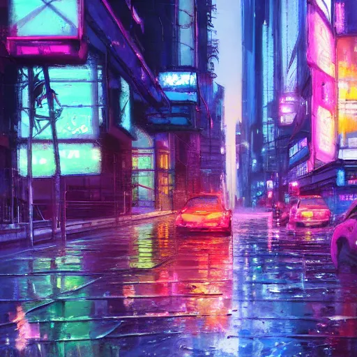 Prompt: acrylic painting, impressionism and expressionism, strong emotional impact, bold pastel colors, expressive brushstrokes, overall sense of movement in the composition. a cyberpunk streetscape lined with beautiful flowers, by liam wong and tyler edlin, trending on artstation