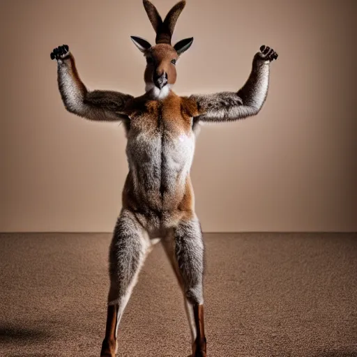 Image similar to a photo of a buff kangaroo man wearing a safari outfit, studio photography, 8 k