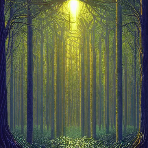 Image similar to a tall glowing maze in the dark forest, digital painting by Dan Mumford and James Jean and Greg Rutkowski, panoramic view, light and shadow