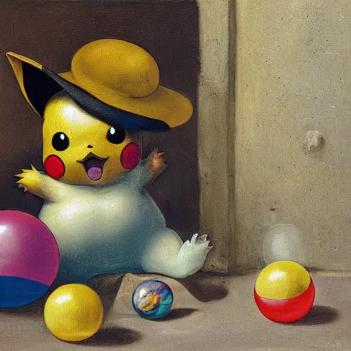 Prompt: a pikachu sitting next to a bag of marbles in an alley, baroque painting, closeup