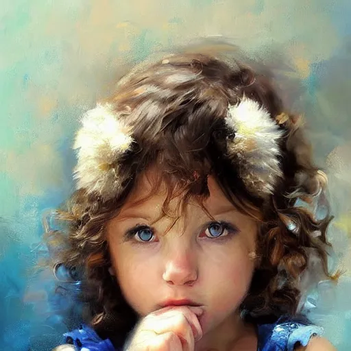 Prompt: a little girl with short curly light brown hair and blue eyes sitting in a nutshell. beautiful painting by raymond swanland, beautiful detailed face.