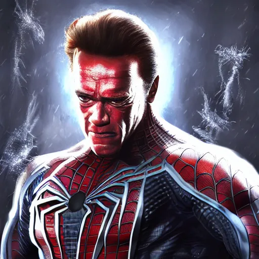 Image similar to Arnold Schwarzenegger as spiderman , muscle extremely detailed, fantastic details full face, mouth, trending on artstation, pixiv, cgsociety, hyperdetailed Unreal Engine 4k 8k ultra HD, WLOP