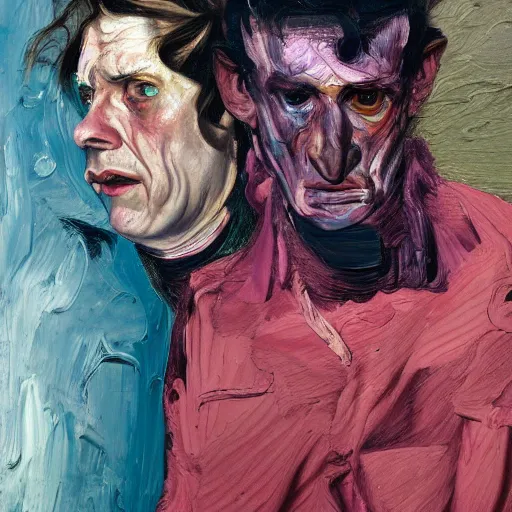 Prompt: high quality high detail painting of two extremely angry men by lucian freud and jenny saville and francis bacon and malcom liepke and nicola samori, hd, anxiety, turquoise and purple and orange and pink, dark atmosphere