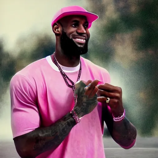Image similar to paparazzi photo of Lebron James on a pink scooter in a skatepark, ultra high definition, professional photography, dynamic shot, smiling, high angle view, portrait, Cinematic focus, Polaroid photo, vintage, neutral colors, soft lights, foggy, by Steve Hanks, by Serov Valentin, by lisa yuskavage, by Andrei Tarkovsky 8k render, detailed, oil on canvas