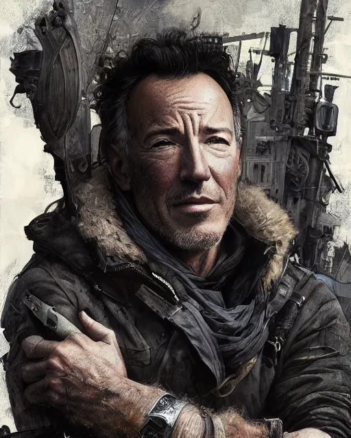 Image similar to A full portrait of Bruce Springsteen as a handsome post apocalyptic nordic explorer, intricate, elegant, highly detailed, digital painting, artstation, concept art, smooth, sharp focus, illustration, art by Krenz Cushart and Artem Demura and alphonse mucha