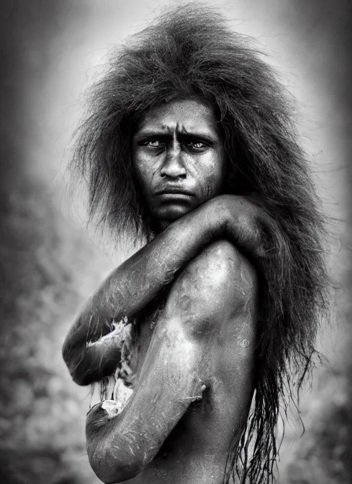 Image similar to Award winning Editorial photo of a Native Nauruans with incredible hair and beautiful hyper-detailed eyes wearing traditional garb by Lee Jeffries, 85mm ND 5, perfect lighting, gelatin silver process